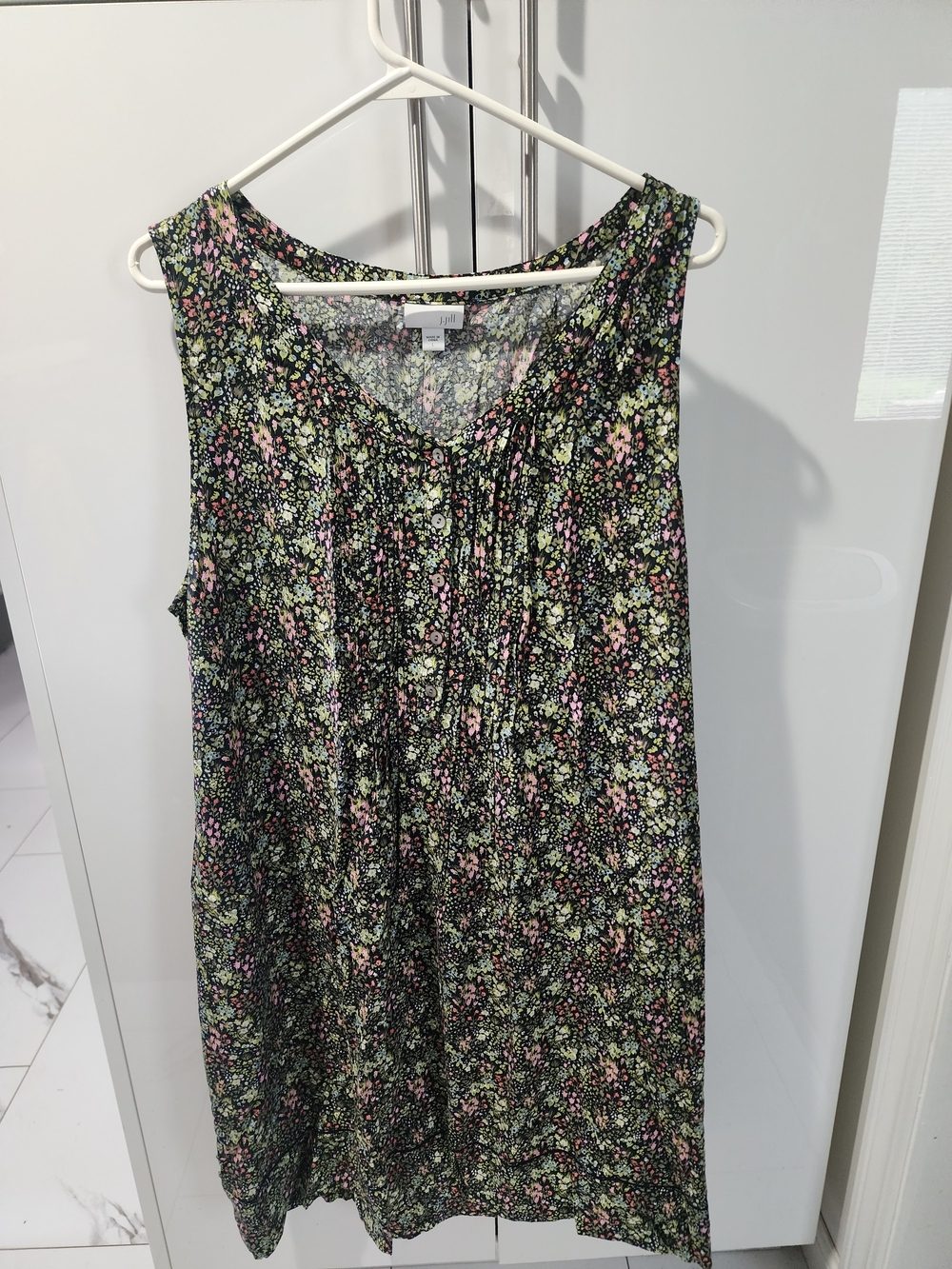 J. Jill Black Sleeveless Floral V-Neck Mini Dress with Pink & Green Accents